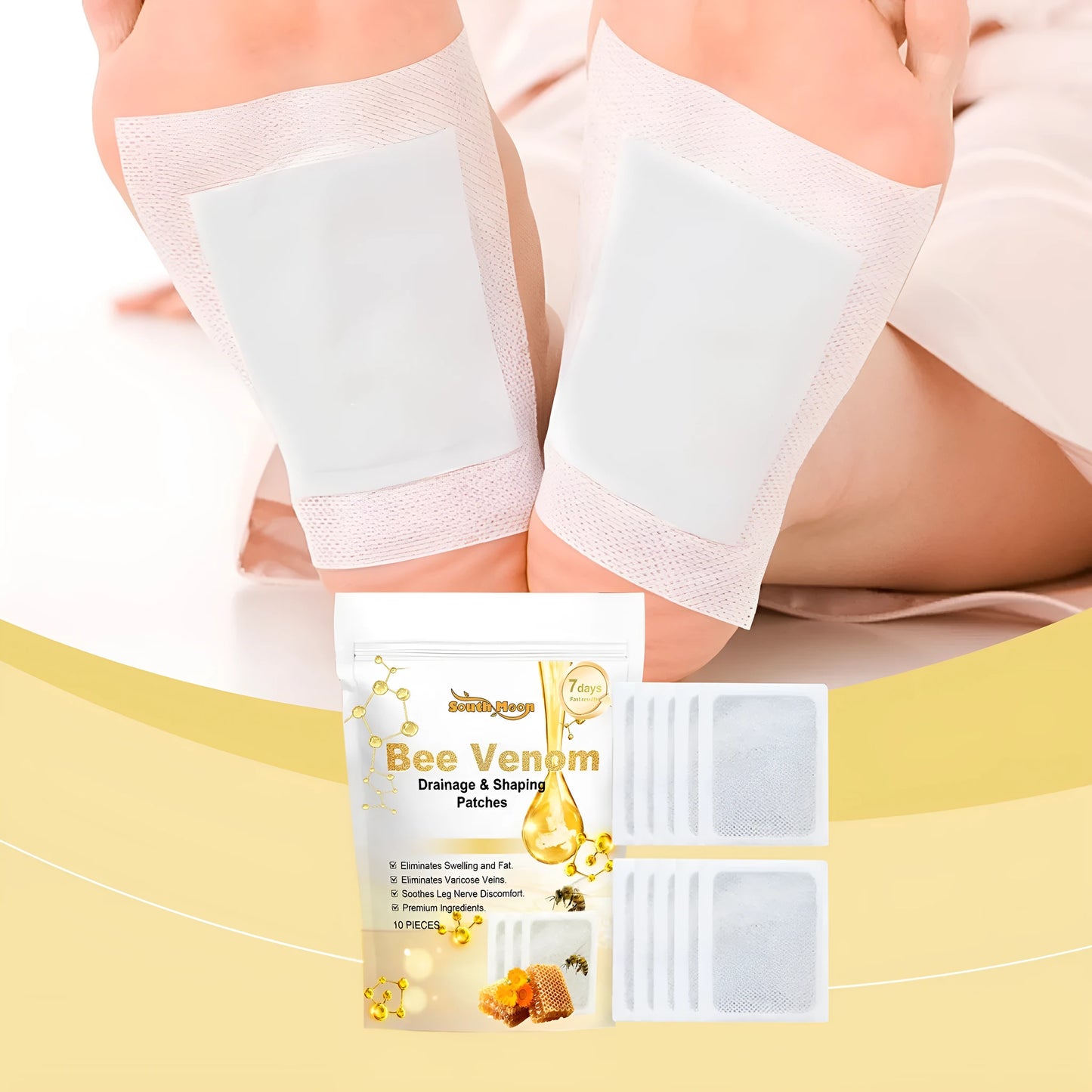 Pack of ten white bee venom and mugwort slimming foot care patches on blue background
