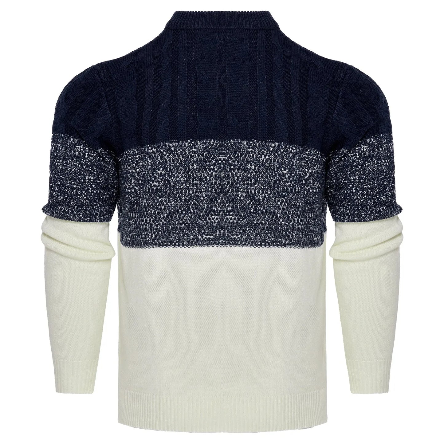 Men's knitted crew neck pullover sweater with long sleeves shown in multiple sizes