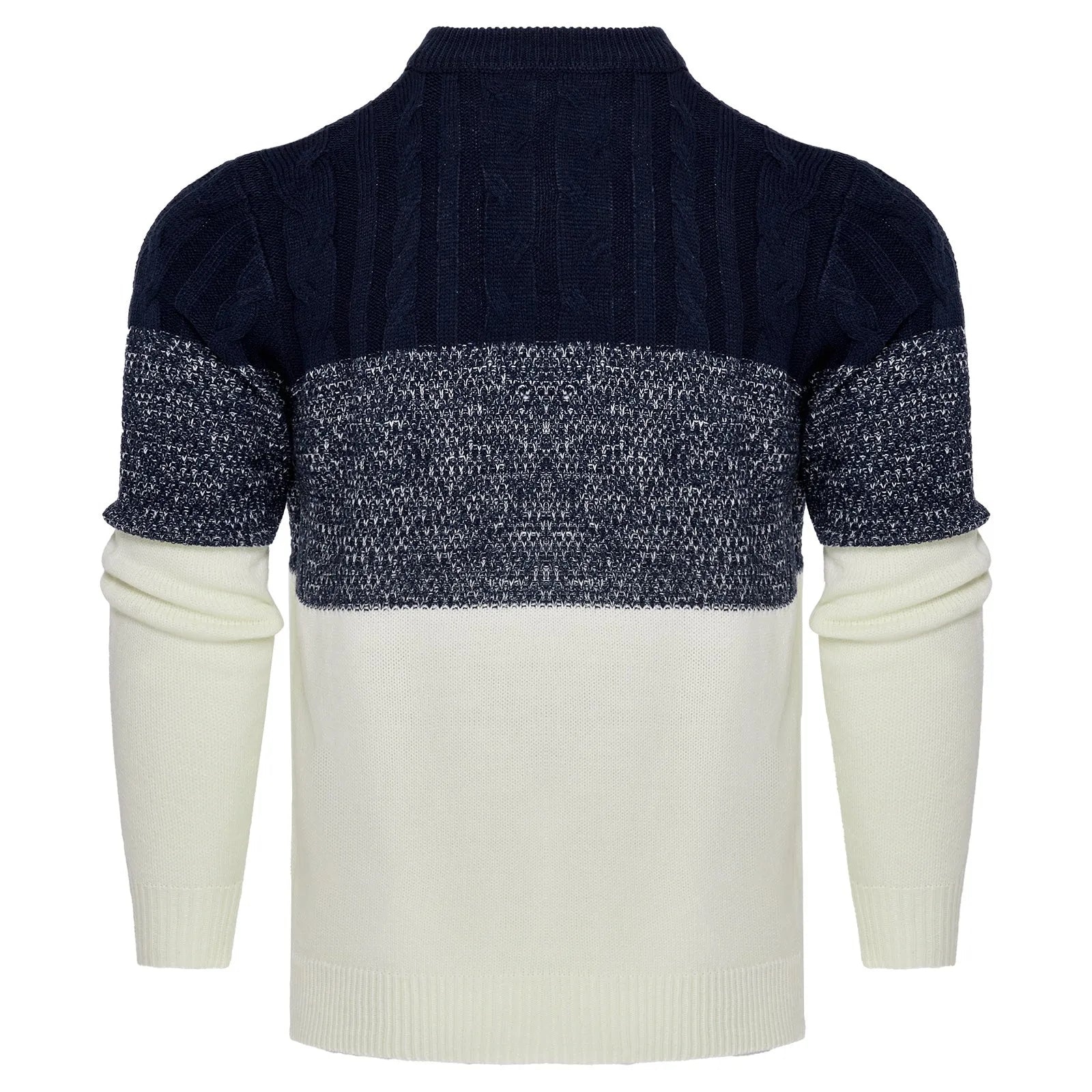 Men's knitted crew neck pullover sweater with long sleeves shown in multiple sizes