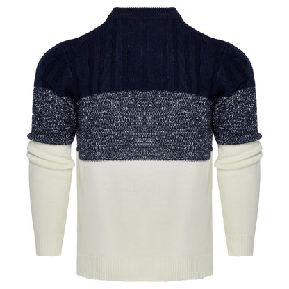 Men's knitted crew neck pullover sweater with long sleeves shown in multiple sizes