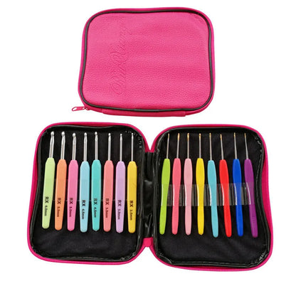 Set of 16 crochet hooks with thick and thin handles in storage bag, sizes 1.0mm to 6.0mm