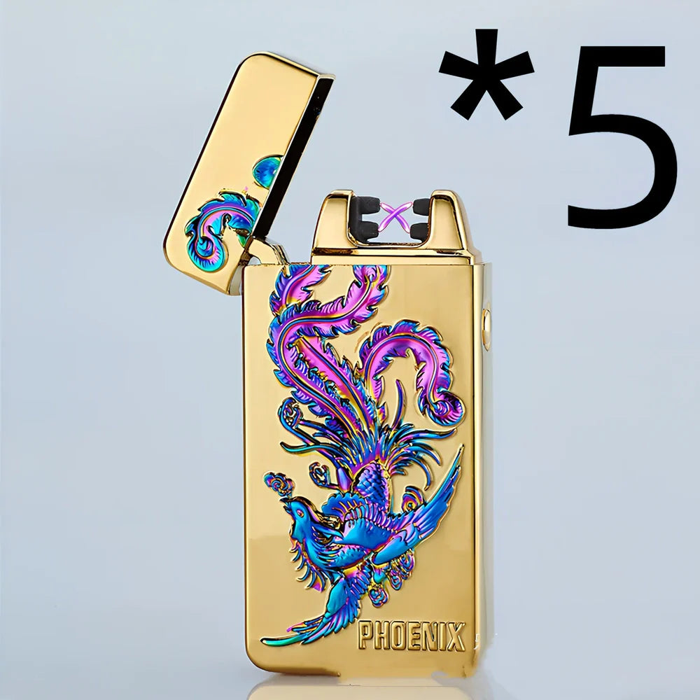 USB charging windproof metal lighter in Ice Golden Dragon design, 73.5x35x13mm compact size for reliable flame