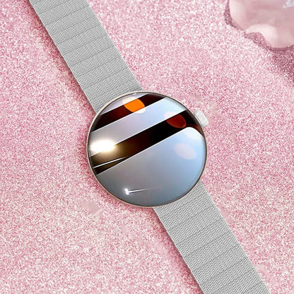 Women's smart watch with circular colour touch screen and metal strap in black, gold, or silver steel.