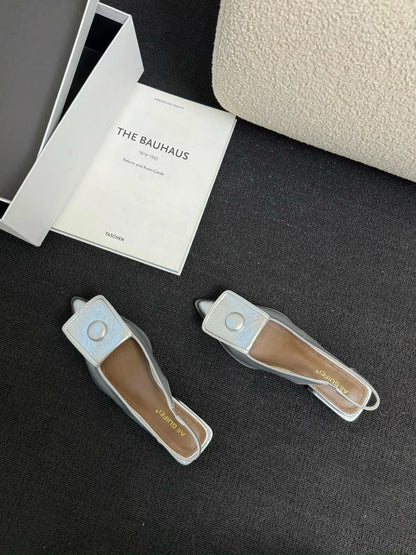 Women's pointed toe low heel sandals with back strap in apricot colour