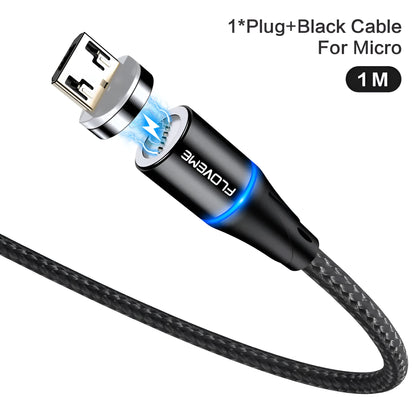 Black magnetic fast charge cable with LED light and three interchangeable tips for iPhone, Android, and Type-C connectors