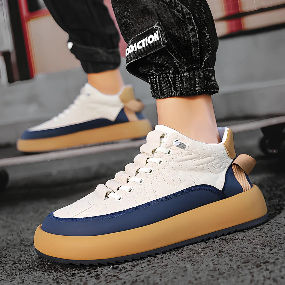 Men's black elastic band sports shoes with 3-5cm thick sole and round toe design