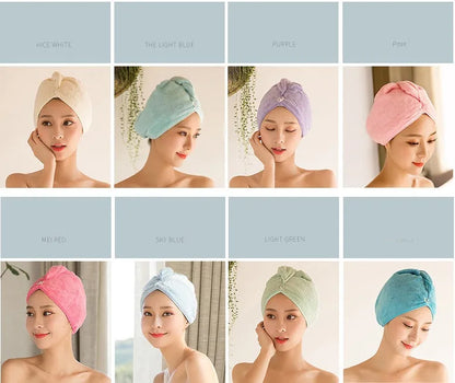 A woman wearing a sky blue microfiber hair dryer cap, with wet hair tucked inside, showing the towel's wrap-around design.