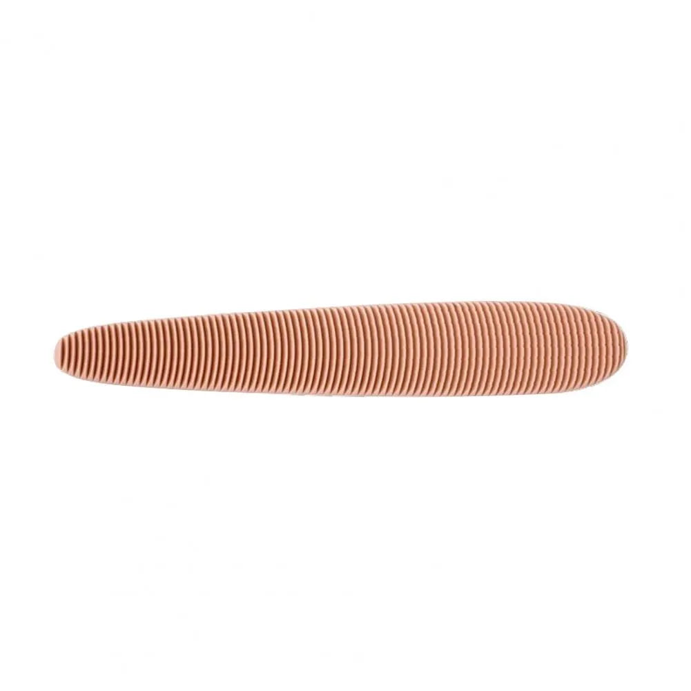 Grey and pink ABS plastic cat grooming comb with tongue-like texture and dual-ended design