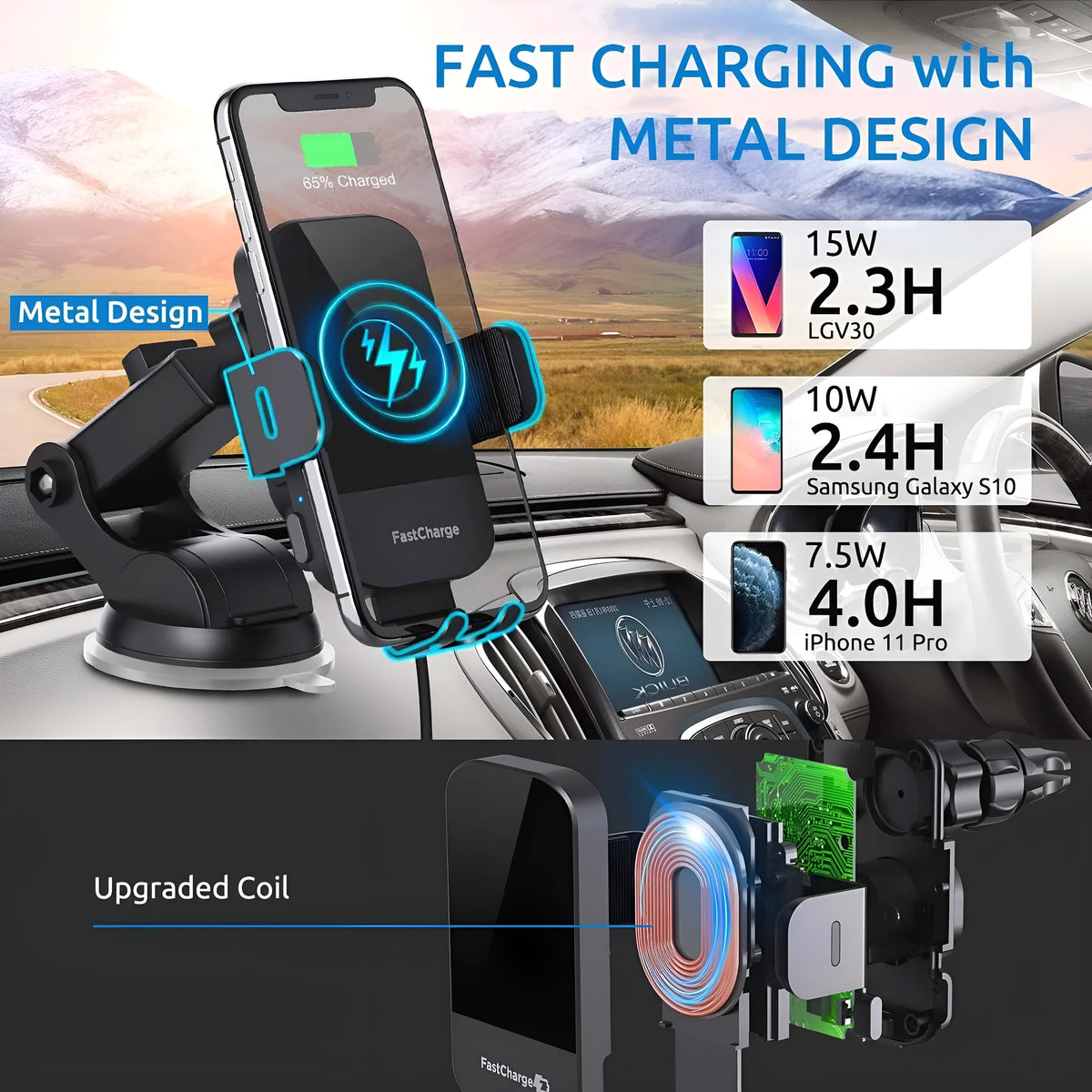 Black bare metal car wireless charging stand with 15W fast charging, shown with air vent clip and dashboard tripod.