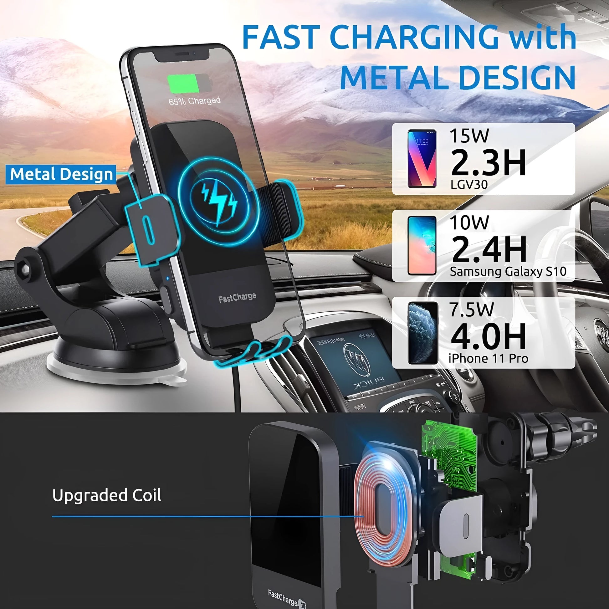 Black bare metal car wireless charging stand with 15W fast charging, shown with air vent clip and dashboard tripod.
