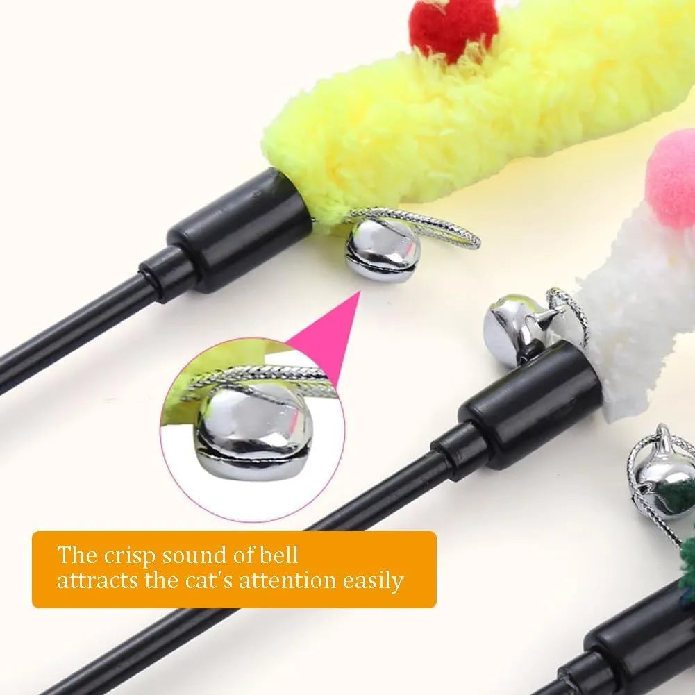 Interactive cat wand toy with plush strip, fluffy ball, and bells on a 41cm pole.