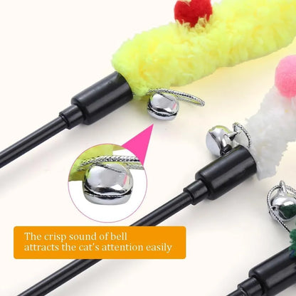 Interactive cat wand toy with plush strip, fluffy ball, and bells on a 41cm pole.