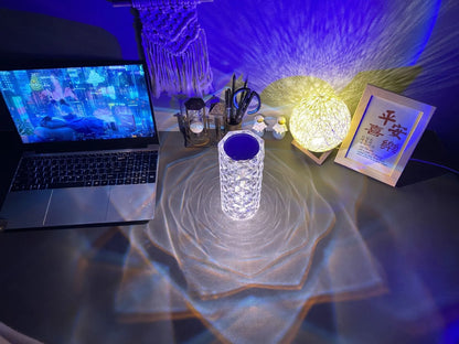LED rose diamond table lamp with touch switch and three-colour light modes on a wooden table