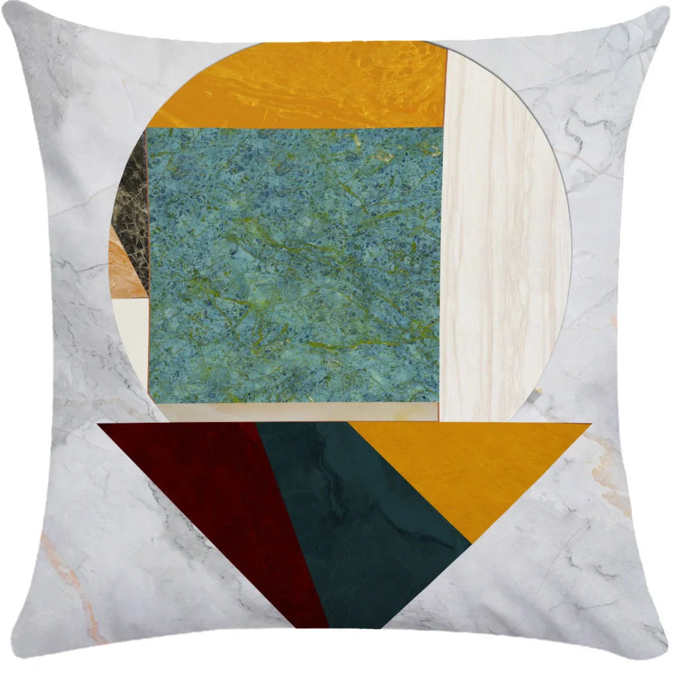 Geometric pattern throw pillow on office sofa showing 45x45cm size with ultra-flexible printing