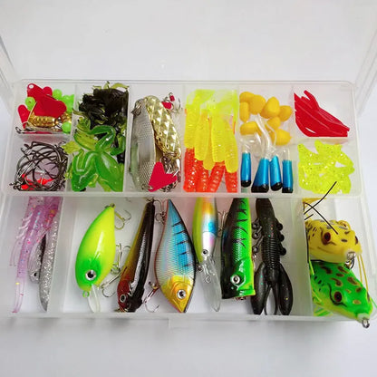 142-piece fishing lure set with metal baits, plastic lures, sequins, and fishing pliers organised in tackle box