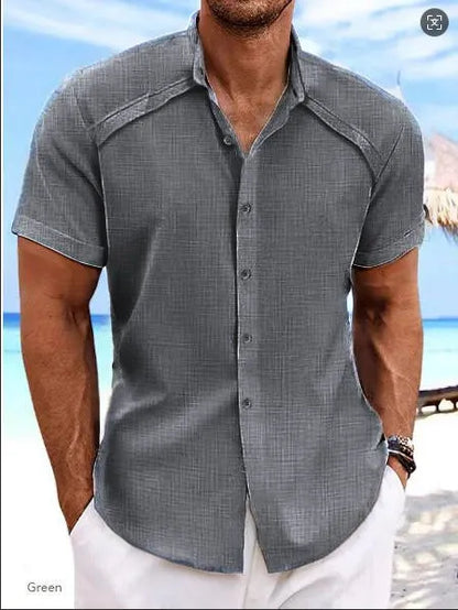 Hawaiian casual short sleeve shirt in solid colour cotton-polyester blend fabric
