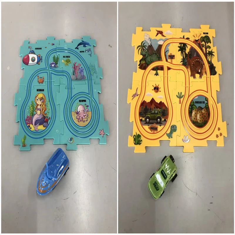DIY Electric Railroad Speeder Toy with puzzle tracks and automatic car