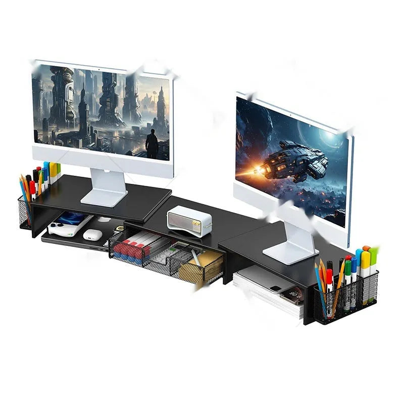Double-station desktop monitor elevated rack in carbon steel with modern simplicity design