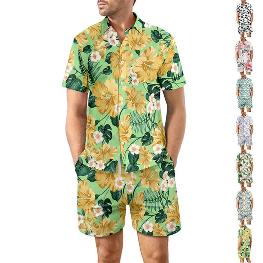 Stylish printed beach shirt and shorts set for men in various vibrant color designs