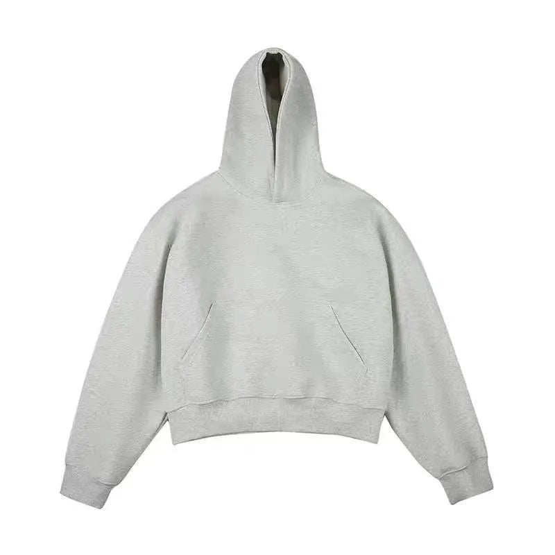 Short Chinese cotton composite hooded sweater with removable hood in dark grey.