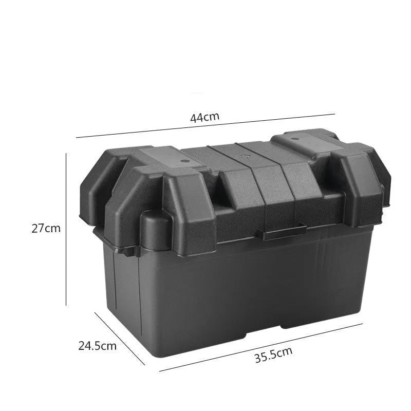 Black PP plastic battery storage box with securing strap, available in large and small size options