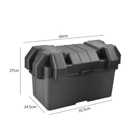 Black PP plastic battery storage box with securing strap, available in large and small size options