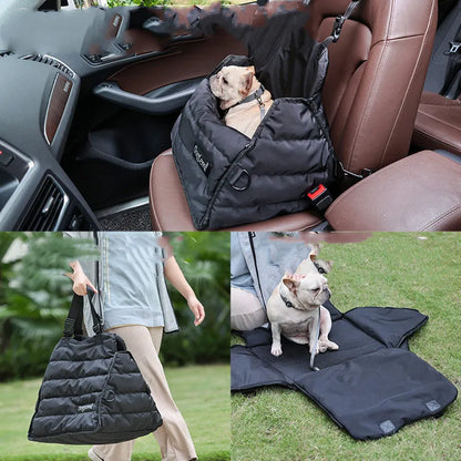 Black polyester dog car travel bag attached to car seat with seatbelt clip