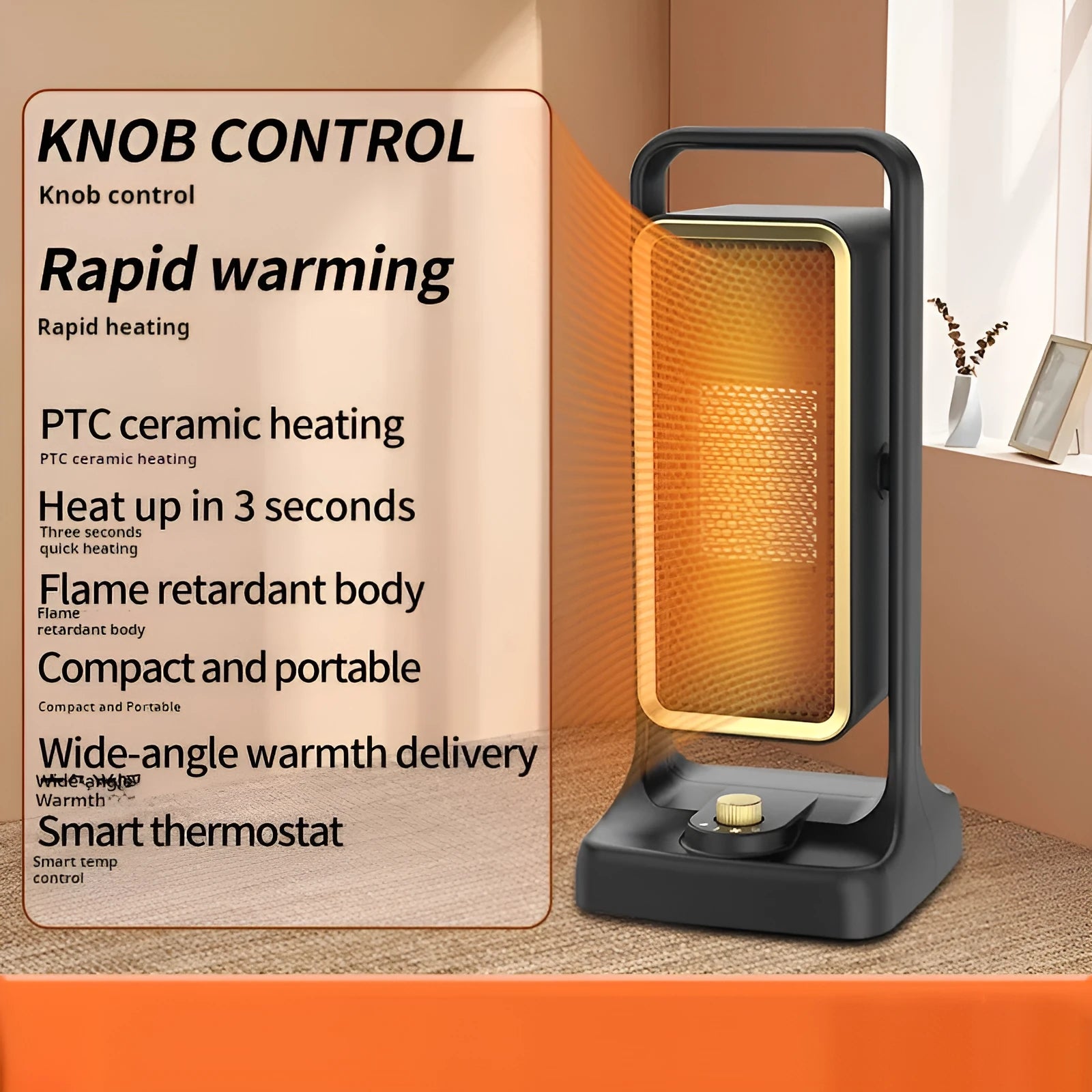 Black PTC ceramic desktop air heater with knob control, dimensions 14.9cm wide by 33.5cm high