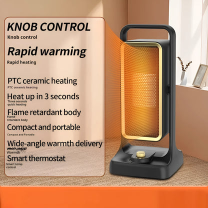 Black PTC ceramic desktop air heater with knob control, dimensions 14.9cm wide by 33.5cm high