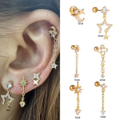 Stylish Star Moon Cubic Zirconia Cartilage Earring in gold and white