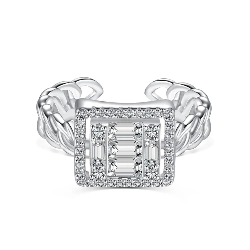 S925 sterling silver women's open ring with belt chain design, full diamond inlay, platinum white diamond colour, adjustable opening