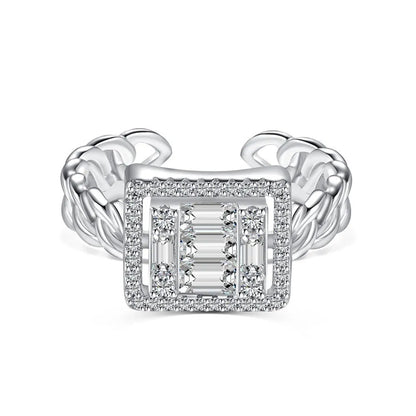 S925 sterling silver women's open ring with belt chain design, full diamond inlay, platinum white diamond colour, adjustable opening