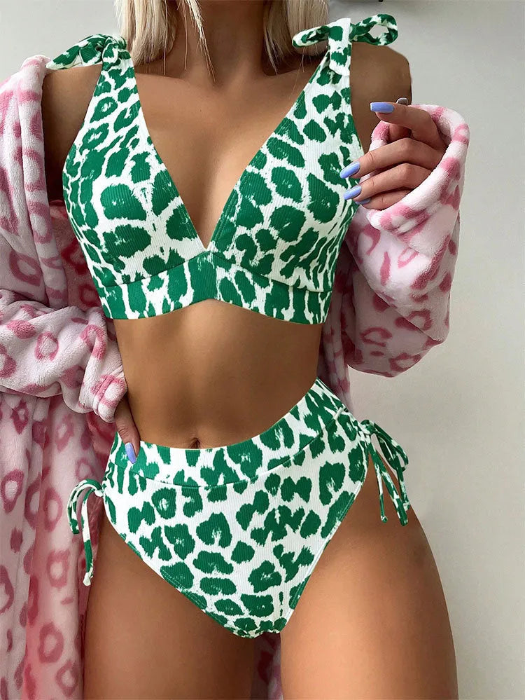 Women's purple leopard print lace-up high waist suit with sleeveless top and matching shorts