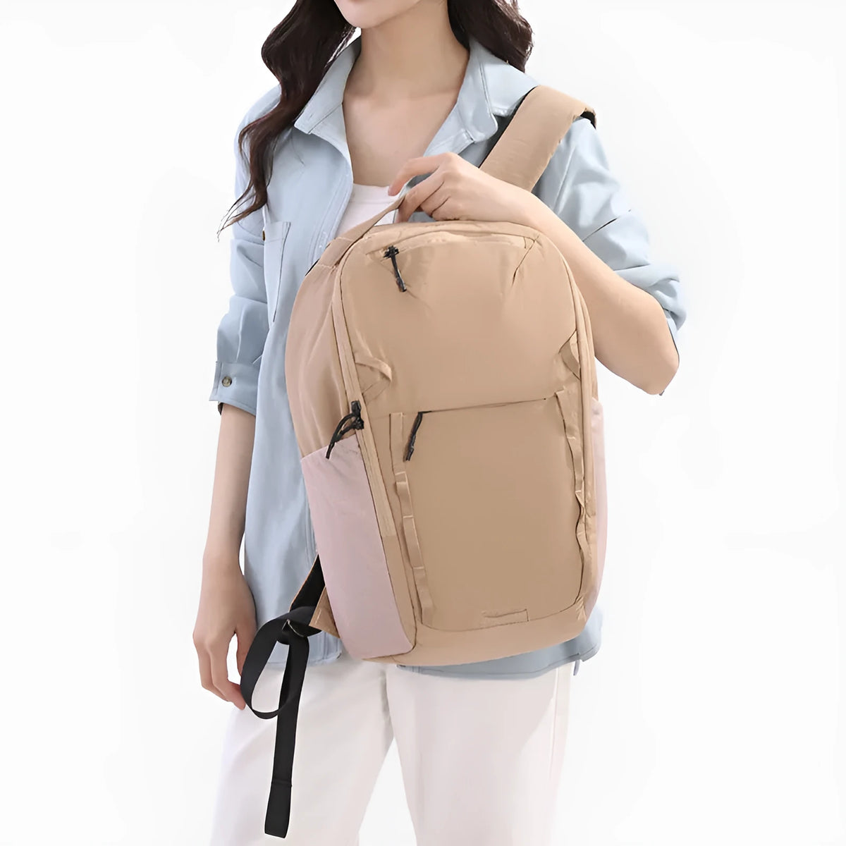 Waterproof Taslan composite cloth business backpack with curved shoulder straps in beige colour