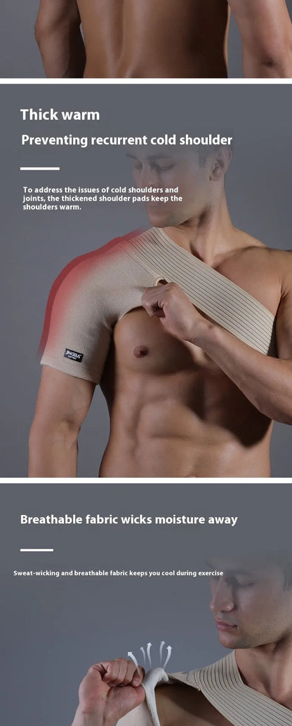 Adjustable skin-colour breathable shoulder support strap for sports like weightlifting and cycling.