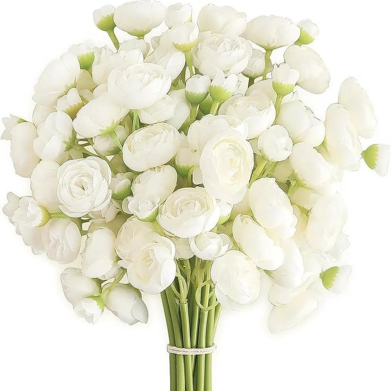 Simulation silk mini bridal bouquet of 6 pieces per set, each with 4 flower heads including 2 large and 2 small, for wedding, home desktop decoration, photography props, or outdoor use, available in white, champagne, pink, red, and light green.