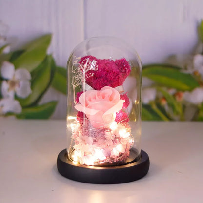 Eternal preserved rose and teddy bear gift box with warm LED lights
