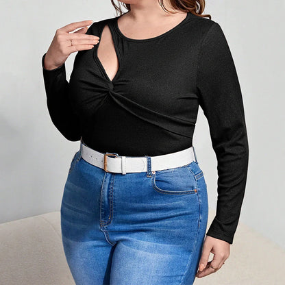 Black women's long-sleeved top with hollow-out design detail, slim fit with 3D cutting