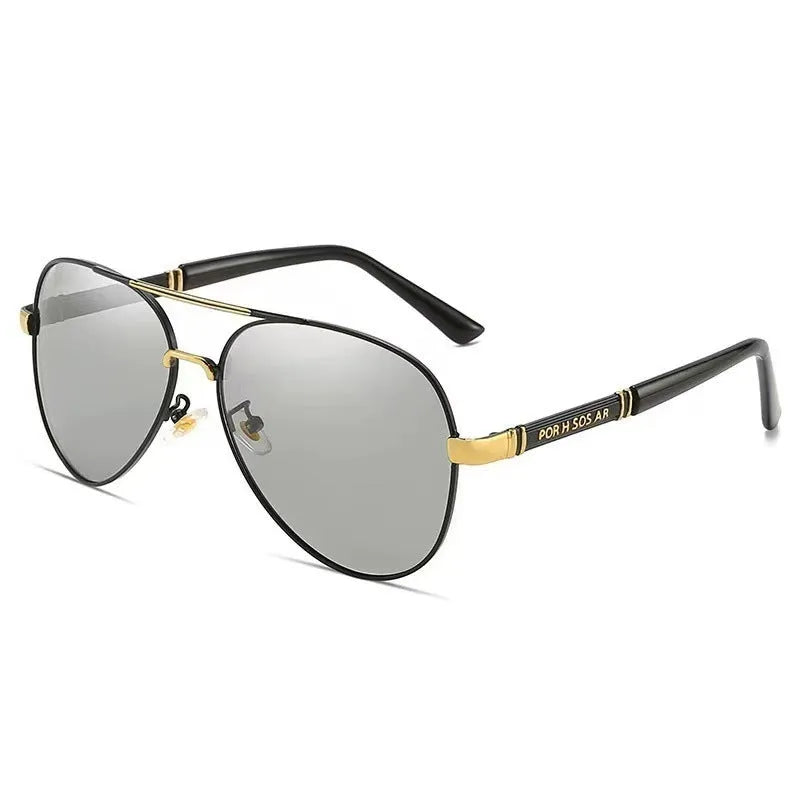 Men's polarised sunglasses with metal frame and adjustable nose pads in gold and black colour