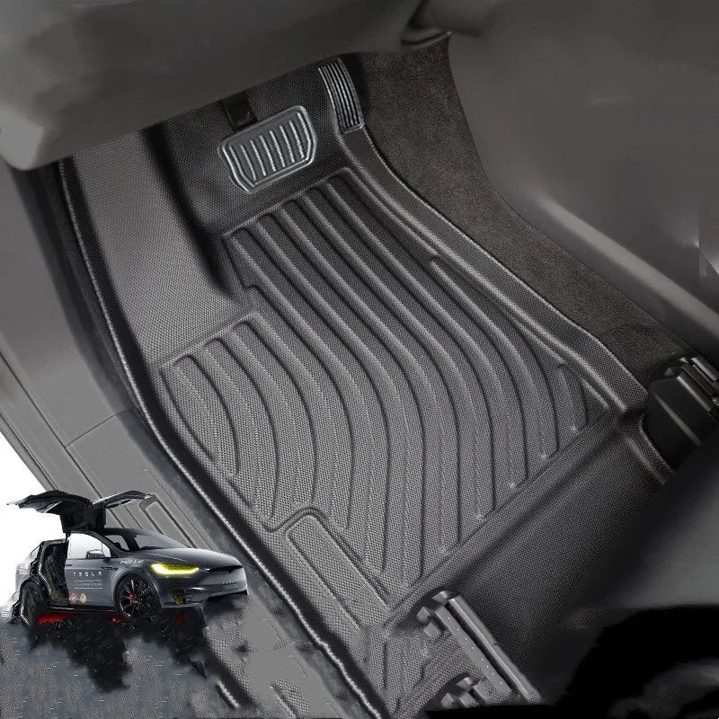 Tesla Model X waterproof car mats set showing front, rear, and tailbox protection for 2016-2023 vehicles