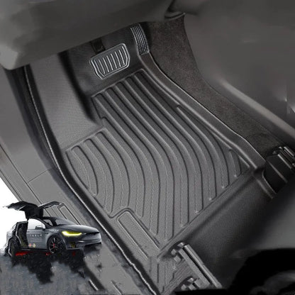 Tesla Model X waterproof car mats set showing front, rear, and tailbox protection for 2016-2023 vehicles