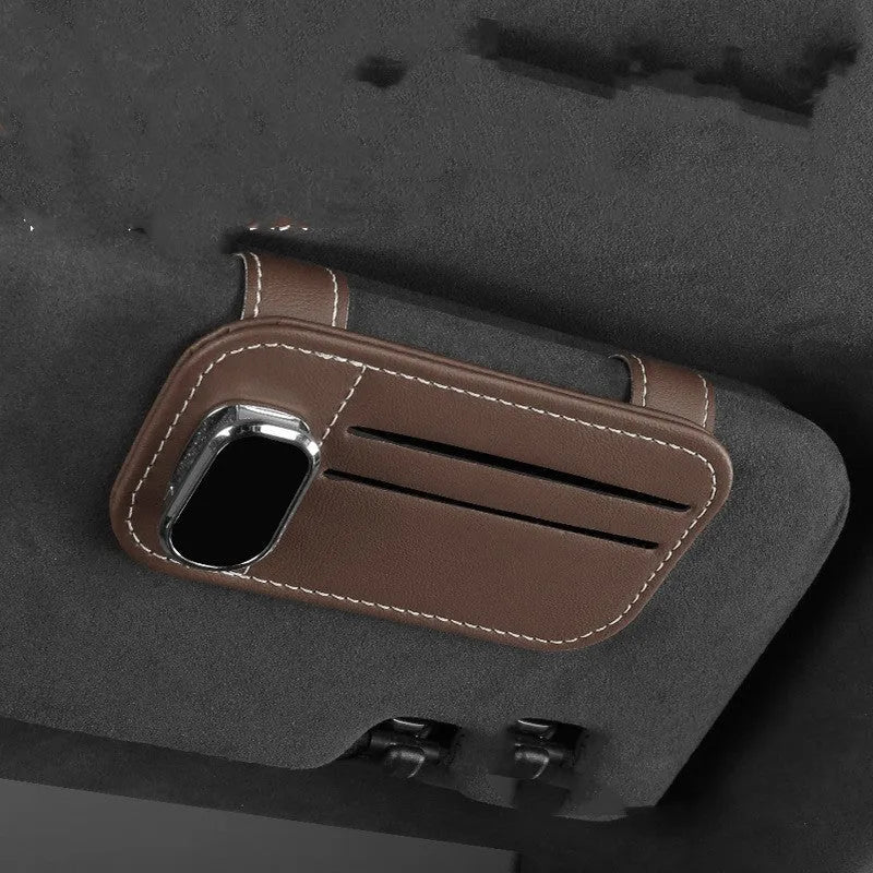 Leather car sun visor card holder with glasses clip in various colours