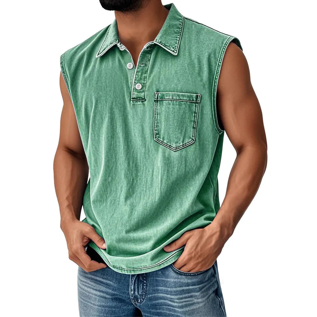 Man wearing a short-sleeve polo shirt with a colourful 3D digital print design on the front.