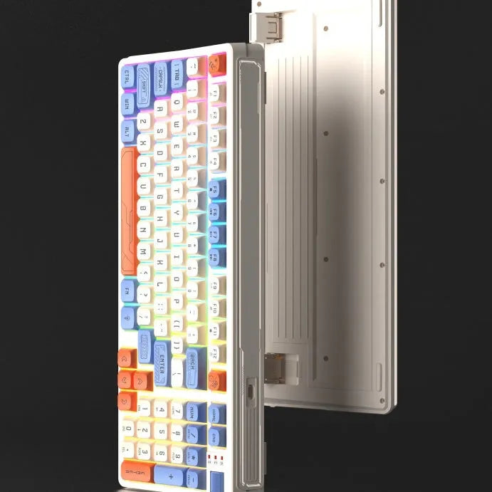 RGB illuminated plastic desktop keyboard with a long cable, shown in various colour options.