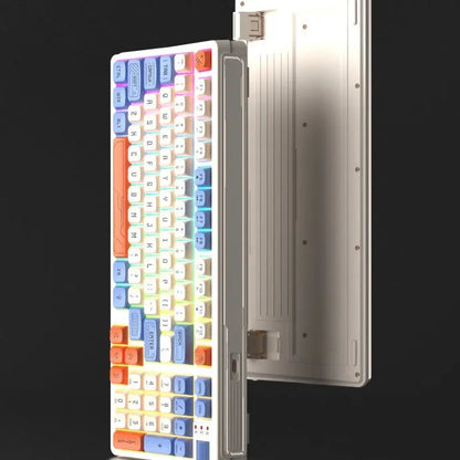 RGB illuminated plastic desktop keyboard with a long cable, shown in various colour options.