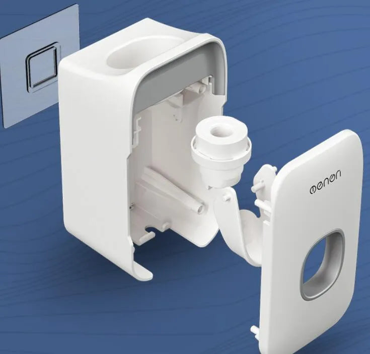Automatic wall-mounted toothpaste dispenser in blue, grey, and pink colours with LED touch sensor.