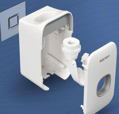 Automatic wall-mounted toothpaste dispenser in blue, grey, and pink colours with LED touch sensor.