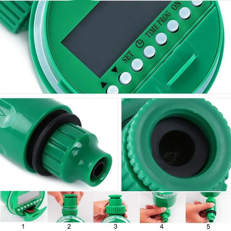 Green automatic watering timer for drip irrigation systems with household water flow compatibility