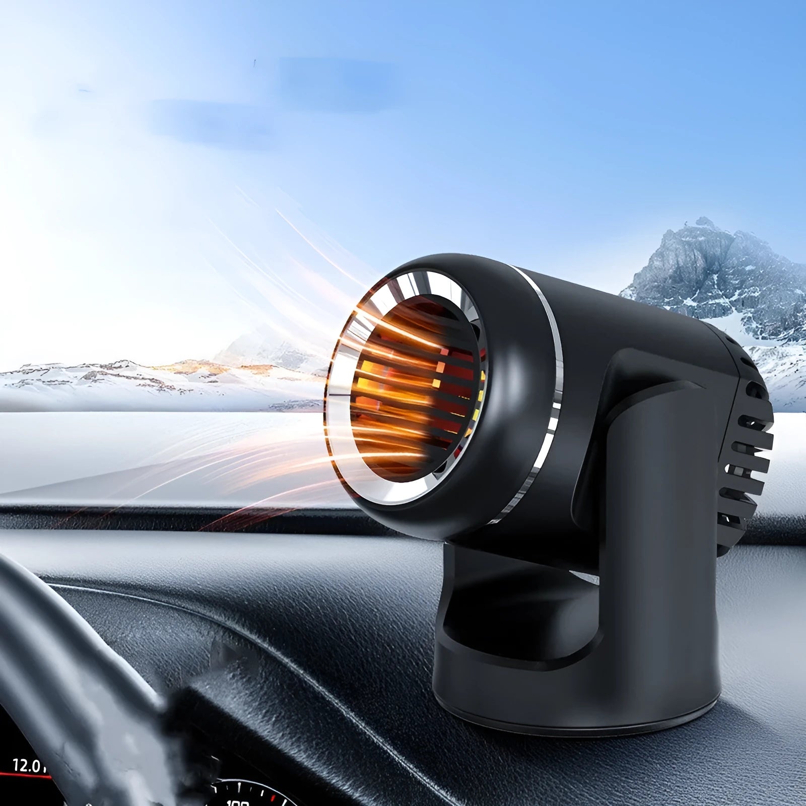 Black and white 12V car heater with cold and warm air settings for windscreen defrosting