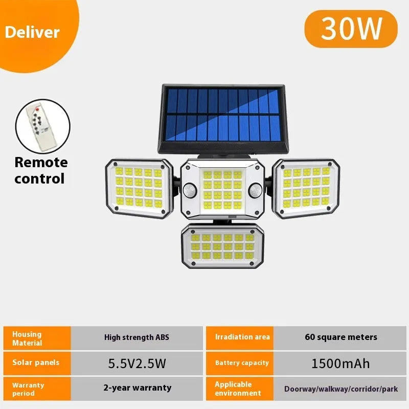 Multi-angle solar-powered garden lamp with motion sensor mounted outdoors